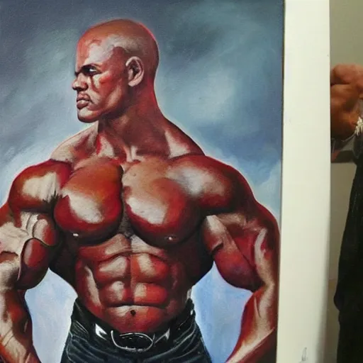 Image similar to A portrait painting of a masculine bodybuilder in the clothing of the Batman
