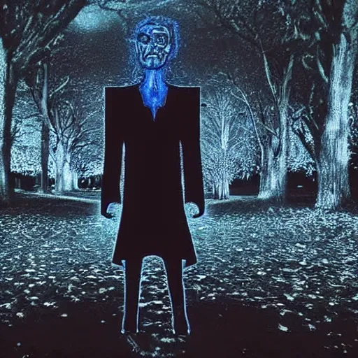 Prompt: ominous dark glitching humanoid apparition standing in a park late at night, full body image, hyper realism, symmetrical, highly ornate intricate details, very sharp photo,