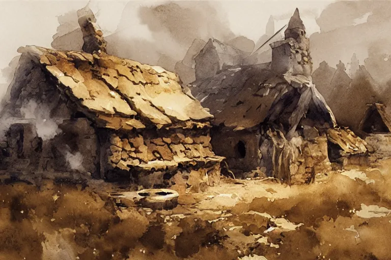 Prompt: abstract watercolor painting of hedonic scandinavian king house, in stone, straw roof, war lord, magical and traditional, runes, cinematic light, national romanticism by anders zorn, by greg rutkowski, by greg manchess