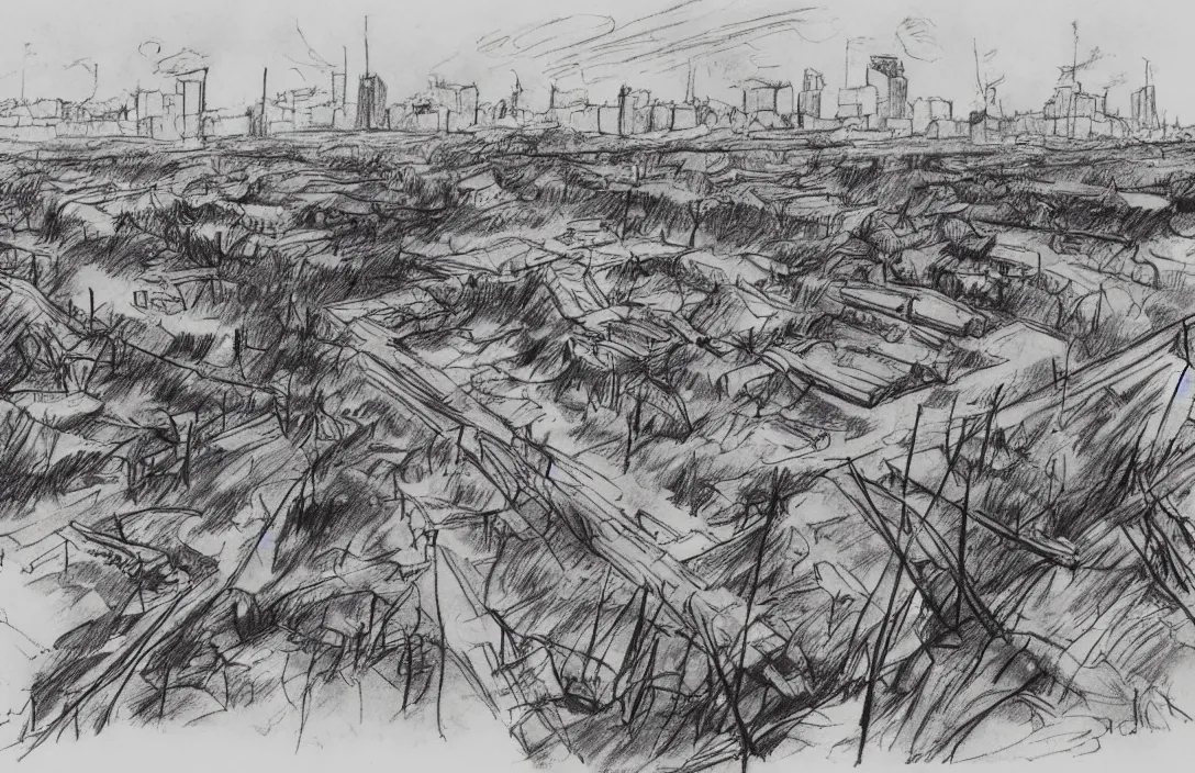 Image similar to milt kahl sketch of world war 1 trenches with the city of miami in the background