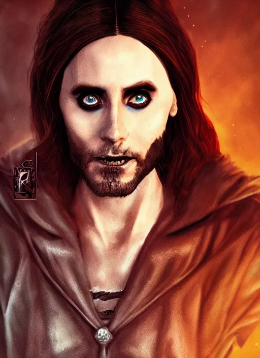 Prompt: A fantasy comic book style portrait painting of Jared Leto as a vampire race in a atmospheric dark fortress, unreal 5, DAZ, hyperrealistic, octane render, RPG portrait, ambient light, dynamic lighting