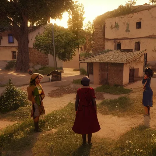 Image similar to a small village filled with women from a video game, unreal engine 5 render, 8 k, deep focus, golden our lighting, cgi, extra detailed graphics