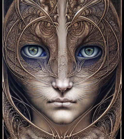 Image similar to detailed realistic beautiful bast cat goddess face portrait by jean delville, gustave dore, iris van herpen and marco mazzoni, art forms of nature by ernst haeckel, art nouveau, symbolist, visionary, gothic, neo - gothic, pre - raphaelite, fractal lace, intricate alien botanicals, biodiversity, surreality, hyperdetailed ultrasharp octane render