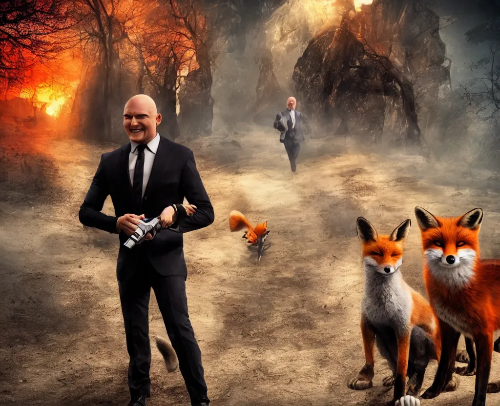 Image similar to a photo of happy agent 4 7 with a fox, studio photo, stunning scenery, award winning photo