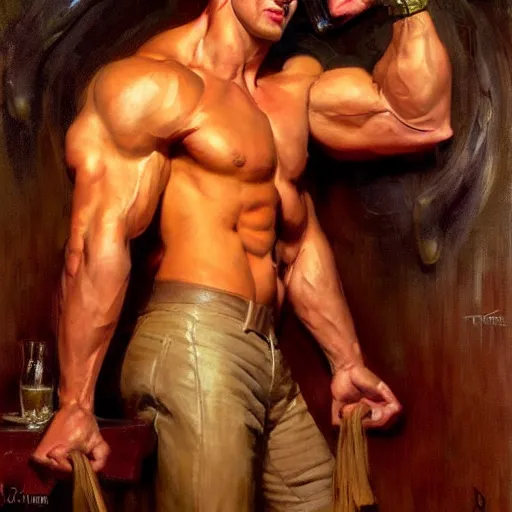 Image similar to attractive muscular mike wearing pants with dark red hair with muscular attractive tyler with brunet hair, wearing pants drinking their hearts out, in a pub. very defined and highly detailed painting by gaston bussiere, j. c. leyendecker, craig mullins 8 k