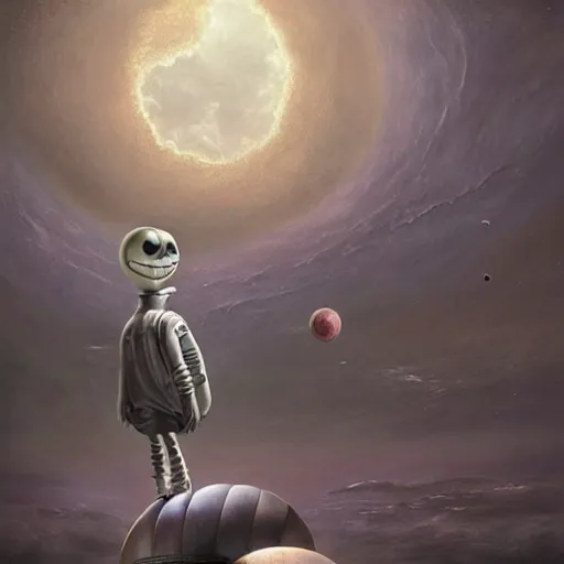 Image similar to michal karcz surrealism Pastel painting of the end of an astronaut happy in the galaxy. , in the style of jack skellington, in the style of a clown, loony toons style, love theme, detailed, elegant, intricate, 4k, Renaissance painting