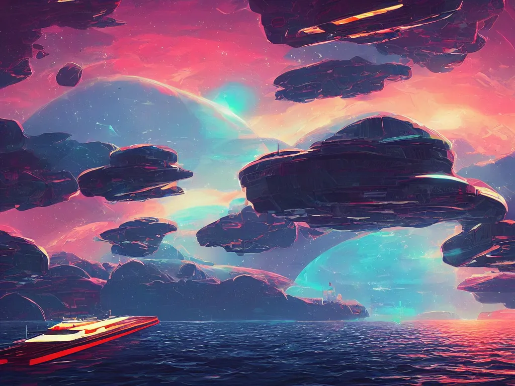 Image similar to minimalist floating asteroid mining colony by alena aenami, petros afshar