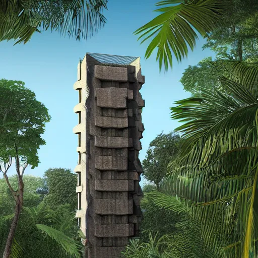 Prompt: A brutalist tower in the middle of a tropical jungle, by Brick Visual, by Luxigon