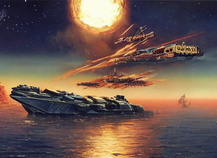 Prompt: possibly the best remembered ship of the war, the cutlass won its laurels during the fiercely fought battle for mars in 2 0 5 2 when the proxima battlefleet broke through the sentinel line, cinematic matte painting, peter elson!!!!!, chris foss!!!!!, tony roberts!!!!!