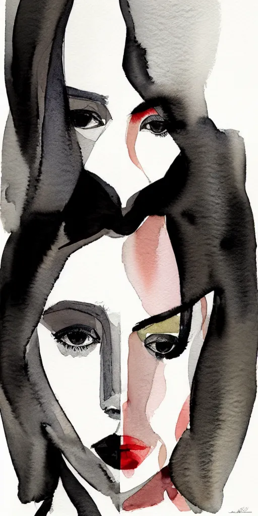 Image similar to beautiful face woman, symmetrical, grey, colorless and silent, watercolor portraits by Luke Rueda Studios and David downton