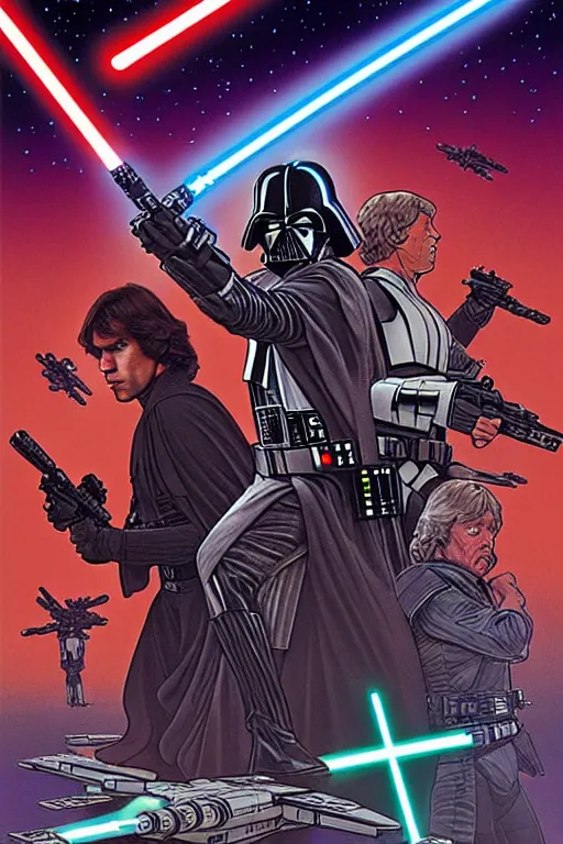 Image similar to platonic ideal of han solo, luke skywalker, detailed stormtroopers, darth vader wearing a long flowing cape, action pose, intricate, volumetric lighting, moebius, geof darrow, dan mumford, alphonse mucha, movie poster,