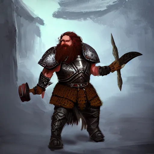 Image similar to middle - aged dwarven male, auburn hair and beard, wearing cataphract armor, wielding a large hammer, fantasy art, dungeons and dragons, concept art, trending on artstation