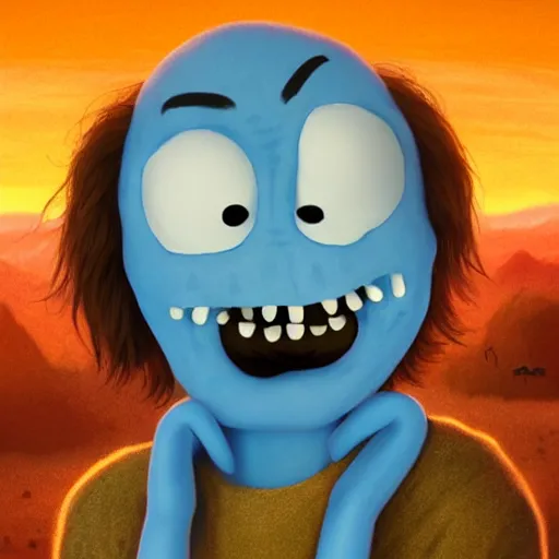 Image similar to portrait of jesus and (photorealistic version of mr meeseeks), golden hour, detailed matte painting, cinematic, in the style of Simon Dewey, artstation,