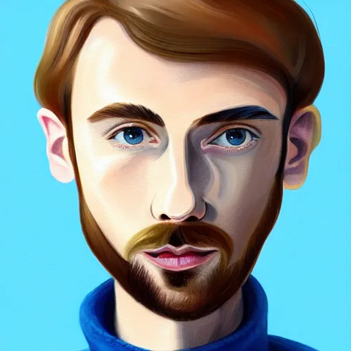 Prompt: gangly man with short blond brown wavy hair, blond brown stubble thin beard, no mustache, English heritage, blue eyes, middle aged, wearing a turtleneck and jacket, pale skin, narrow face, digital art, painterly, cartoon, cute, 8k, illustration, art by loish, painterly, trending on artstation, medium shot, uncropped
