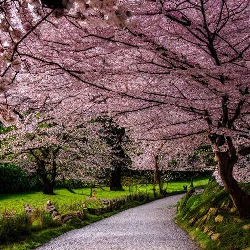 Image similar to stone path through a cherry blossom filled valley leading to a monastery