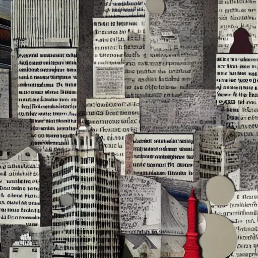 Image similar to collage style Joseba Elorza, Journalic paper texture buildings, papercut, pop-art