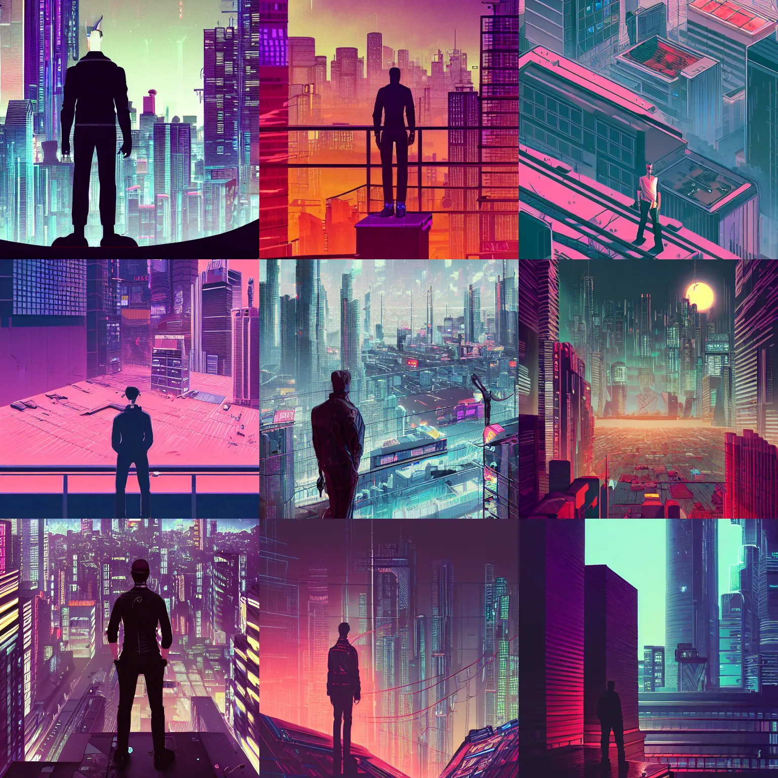 Prompt: a man standing on roof top looking into the city, cyberpunk art by Vincent Lefevre, behance contest winner, retrofuturism, synthwave, cityscape, darksynth