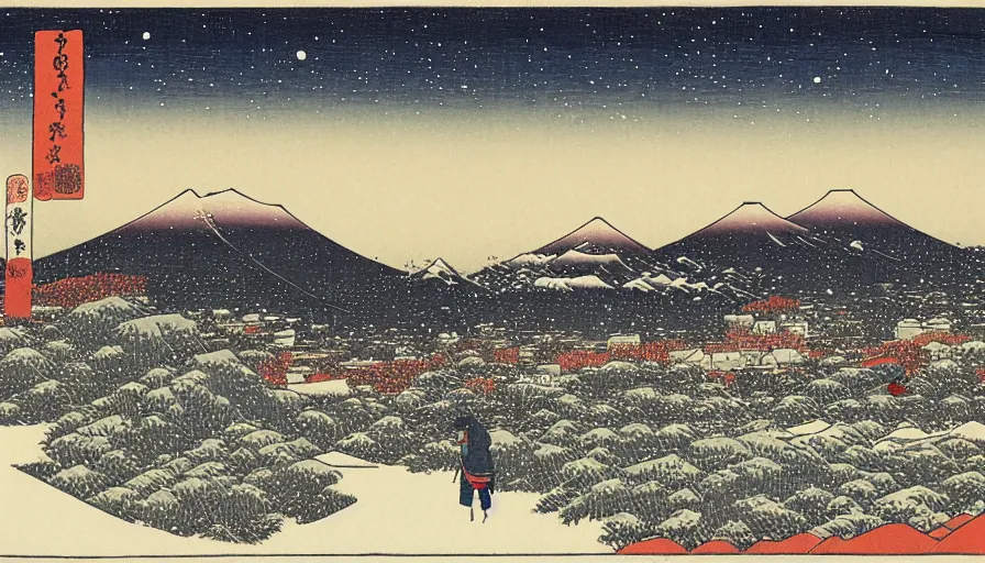 Prompt: snow field scenery at night, snowy and windy, with some tombs on the hill, by hiroshige utakawa, ukiyoe