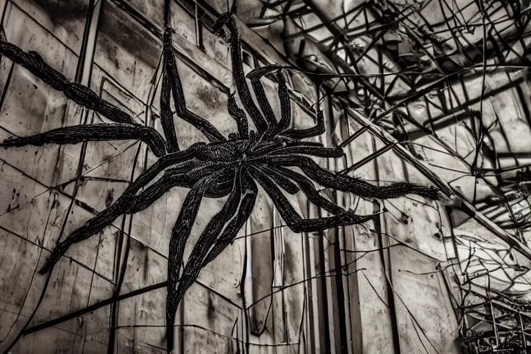 Prompt: a giant spider in an abandoned industrial complex, intricate details, cinematic, wide angle