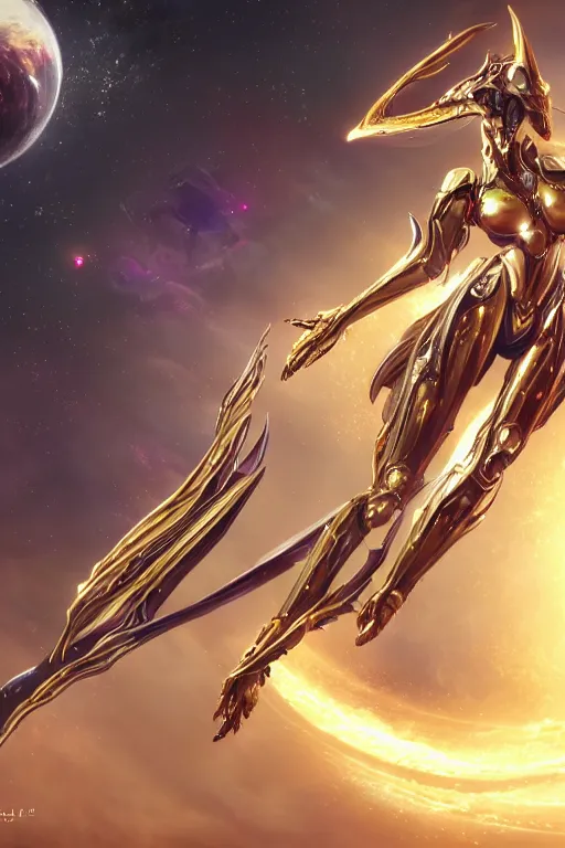 Prompt: galactic hyperdetailed elegant beautiful stunning giantess anthropomorphic mecha sexy hot female dragon goddess, streamlined spines, flat metal antenna, sleek yellow eyes, elegant golden skin, elegant yellow armor, bigger than galaxy, epic proportions, epic scale, epic size, warframe destiny fanart, furry, dragon art, goddess, giantess, furaffinity, octane render