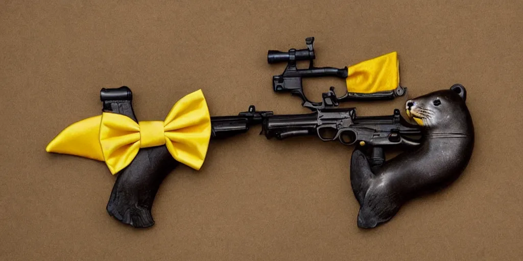 Prompt: a seal with a yellow bow tie holding a rifle and a severed hand