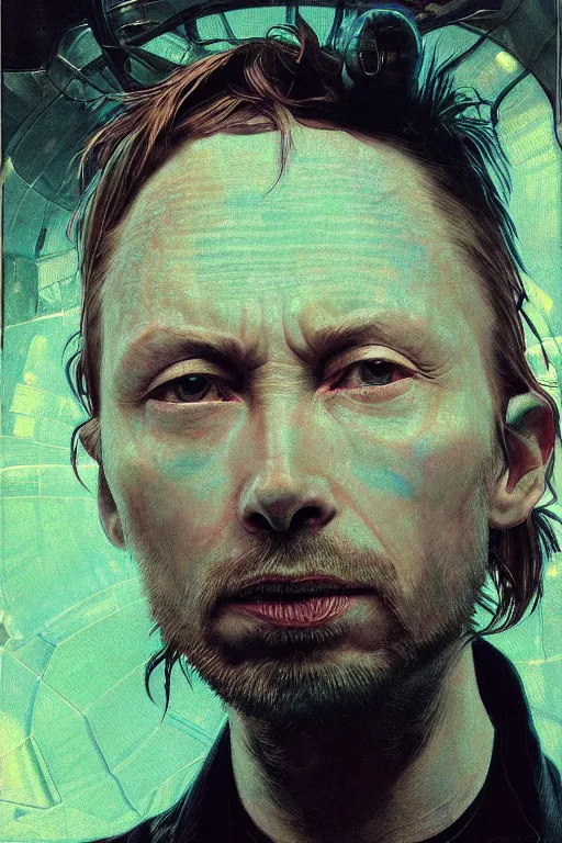 Image similar to A portrait of Thom Yorke as a cyberpunk android, iridescent geometry, surrounded by fractal dust, highly detailed, intricate, soft, sci-fi, sharp focus, subsurface scattering, art by Caravaggio, Greg rutkowski, Moebius, Greg Rutkowski, Alphonse Mucha, Norman Rockwell, Tom Bagshaw.