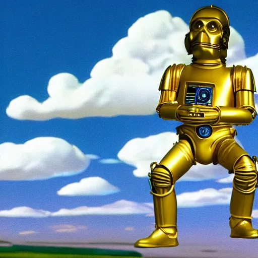 Image similar to entire body portrait of Simpson as C3PO in star wars, background blue sky puffy clouds cinematic 4k