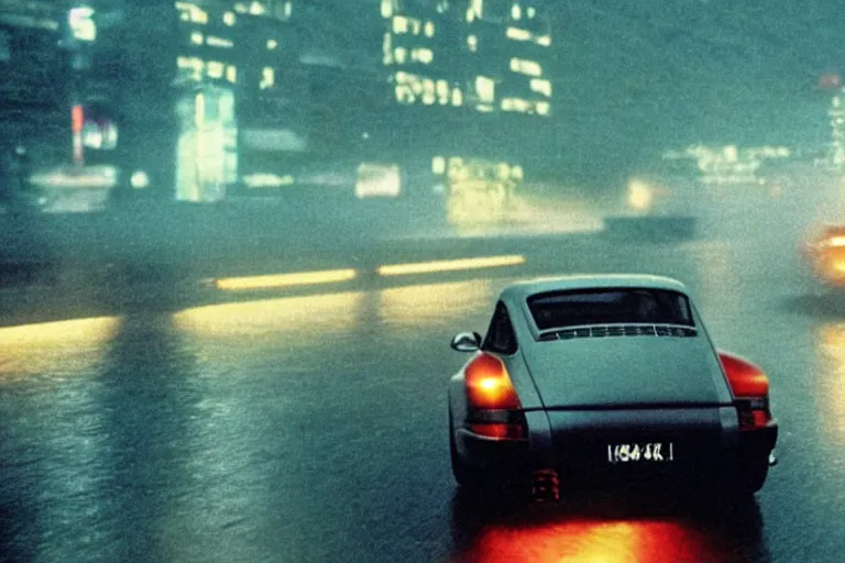 Image similar to a single 1 4 8 0 porsche 9 1 1, speeding down tokyo highway in the rain, night time, lightning, movie still from bladerunner