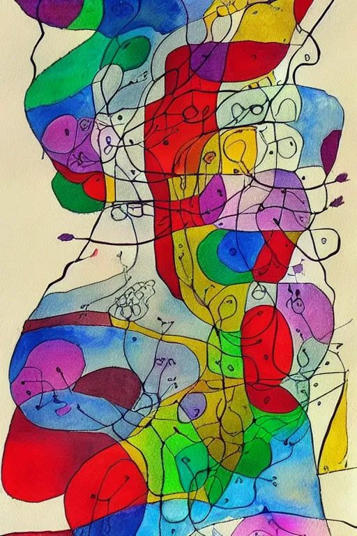 Prompt: a beautiful abstract yet intricate map drawn in pen by Sunil Das, overlayed by abstract watercolor painting by Paul Klee, Georgia O'Keefe, Joan Miro. Trending on Artstation.