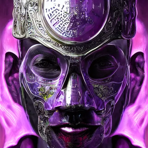 Image similar to Very very very very highly detailed epic central composition portrait of face with venetian mask, purple, intricate, dystopian, sci-fi, extremely detailed, digital painting, artstation, concept art, smooth, sharp focus, illustration, intimidating lighting, incredible art by Tokujin Yoshioka and Anton Pieck