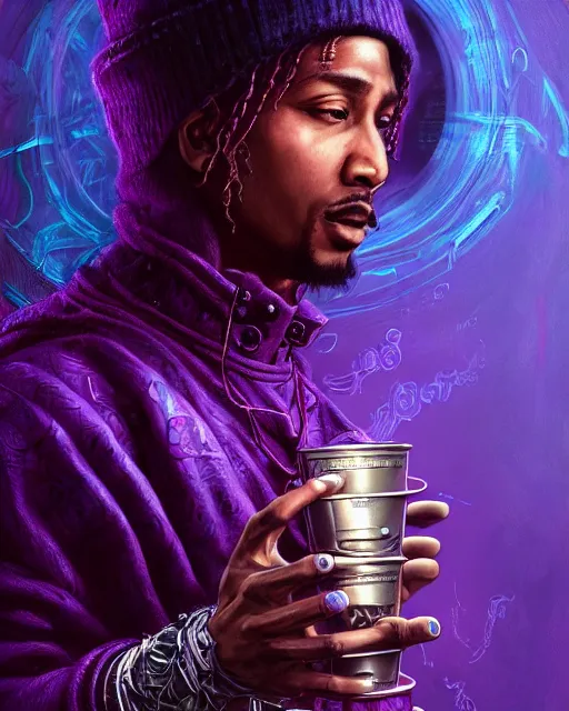 Prompt: future the rapper holding cup of codeine, accurate details, detailed face, purple liquid in cup glowing, fantasy, dramatic, intricate, elegant, highly detailed, digital painting, artstation, concept art, smooth, sharp focus, illustration, art by Gustave Dore, octane render