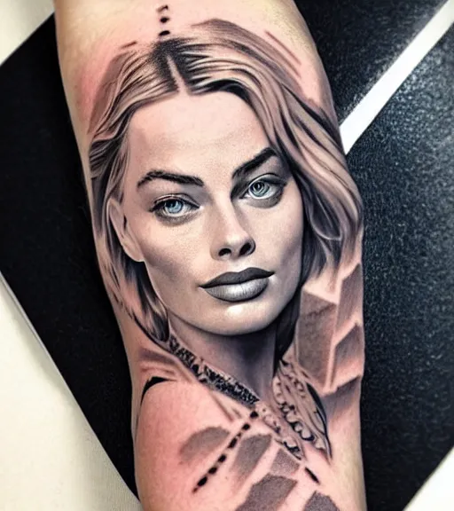 Prompt: mash up tattoo sketch of margot robbie with beautiful mountain scenery, in the style of arlo dicristina, hyper realism, amazing detail, sharp
