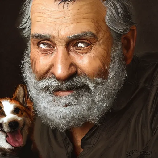 Prompt: medium close up portrait of a old, ruggedly handsome bearded man holding corgi dog, real hands, soft hair, muscular, half body, cloth, d & d, fantasy, intricate, elegant, highly detailed, digital painting, artstation, concept art, smooth, sharp focus, illustration, art by artgerm and greg rutkowski and alphonse mucha