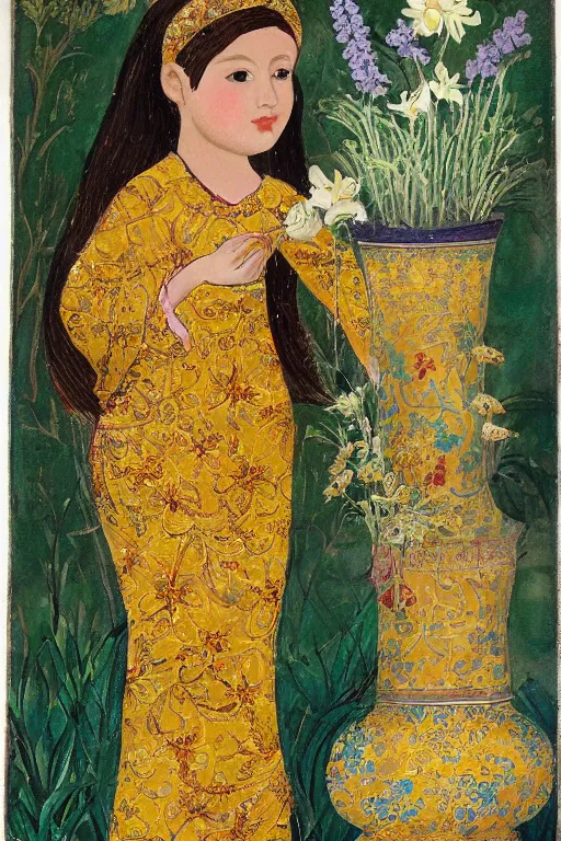 Image similar to girl waer detailed golden arabesque dress with a lot of narcissus in persian pot, miniature painting