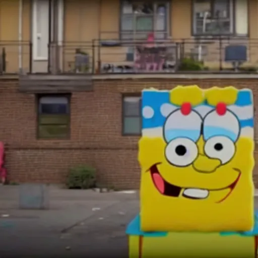 Prompt: real - life sponge bob, a still of a hip - hop music video video