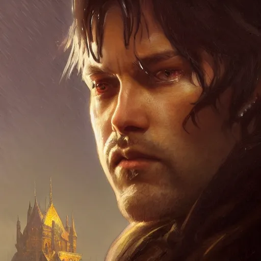 Image similar to closeup portrait of a dungeons and dragons character, dramatic lighting, castle background, gorgeous view, realistic, high detail, depth of field, lightrays, atmospheric, digital art, painted by greg rutkowski, painted by jeremy mann, painted by alphonse mucha, trending on artstation