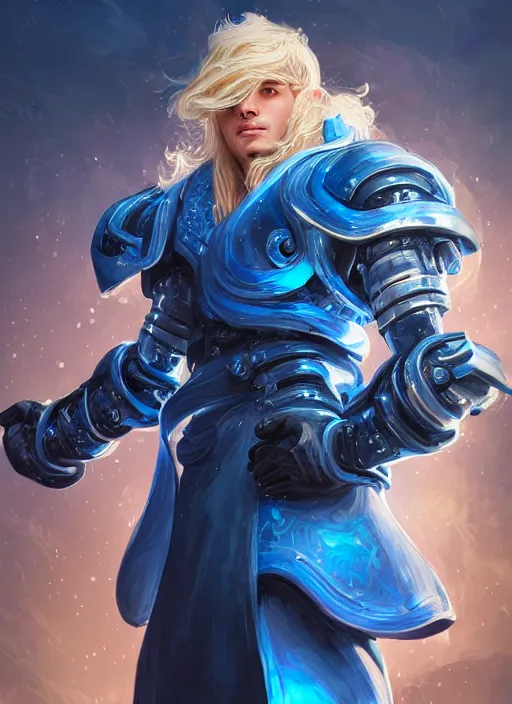 Image similar to a highly detailed illustration of thick wavy bright blonde haired effeminate guy wearing blue robe and goggles and cybermechanical arms, blue eyes, dramatic smiling pose, intricate, elegant, highly detailed, centered, digital painting, artstation, concept art, smooth, sharp focus, league of legends concept art, wlop