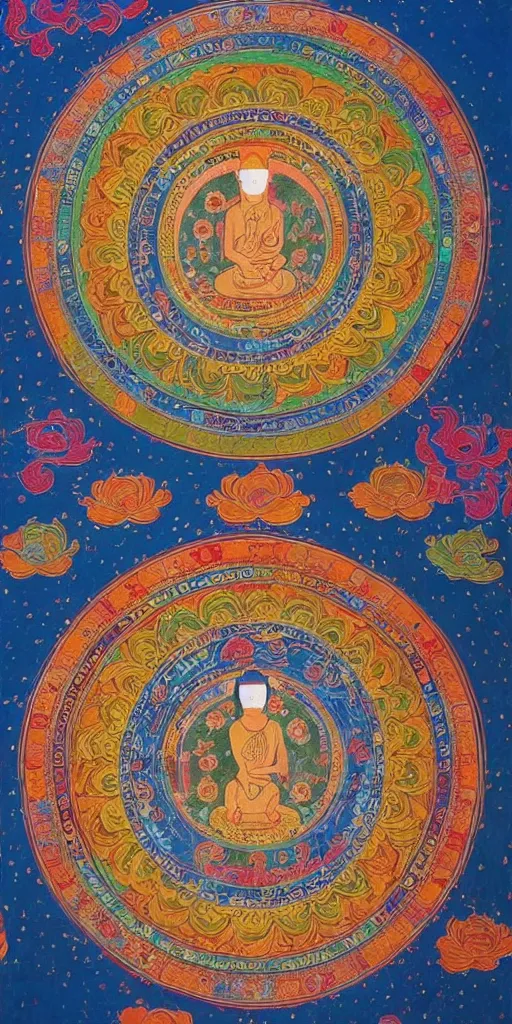 Image similar to The painting shows the Buddha Lotus in the center of a mandala. He is surrounded by a group of bodhisattvas and other figures. The whole painting is done in a bright, colorful style. by a Tibetan artist in the 13th century., Tibetan art, Thangka painting, Buddhist art.