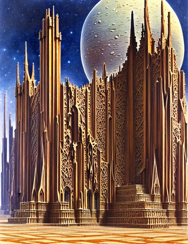 Image similar to close shot of a giant immense squared crematorium gothic architecture advanced technology scifi architectural structure desert planet, fantasy, d & d, intricate, painting by lucian freud and mark brooks, bruce pennington,