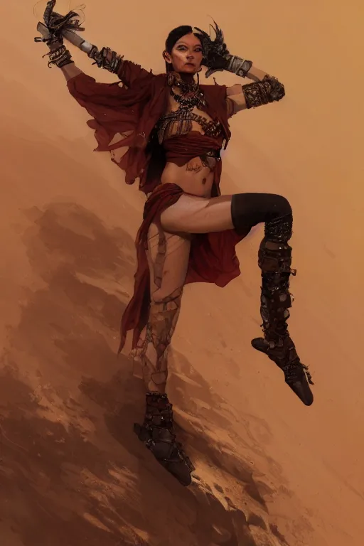 Image similar to a full body portrait of a beautiful post apocalyptic offworld desert bedouin thief savage rogue in ballet pose by the emerald oasis pools, intricate, elegant, highly detailed, digital painting, artstation, concept art, smooth, sharp focus, illustration, art by krenz cushart and artem demura and alphonse mucha