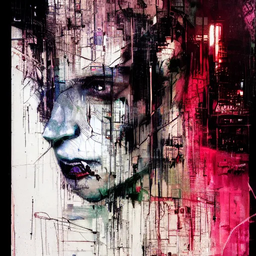 Prompt: portrait of a cyberpunk in a dark future noir city by jeremy mann, francis bacon and agnes cecile, ink drips, paint smears, digital glitches glitchart c - 1 0