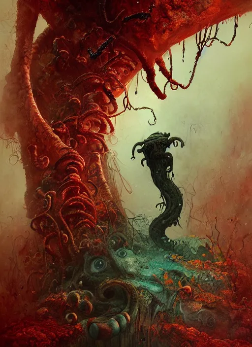 Prompt: the caterpillar, call of cthulhu, highly detailed, cinematic, 8 k, by megan duncanson, benjamin lacombe, adrian borda, stanley artgermm, tom bagshaw, craig mullins, carne griffiths, ayami kojima, beksinski, giger, trending on deviantart, hyper detailed, horror, full of colour