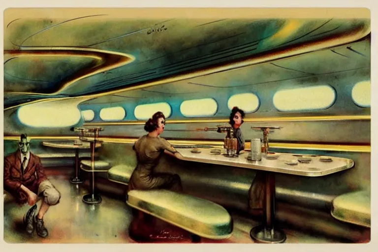 Prompt: ( ( ( ( ( 1 9 5 0 s retro science fiction diner interior. muted colors. ) ) ) ) ) by jean - baptiste monge!!!!!!!!!!!!!!!!!!!!!!!!!!!!!!