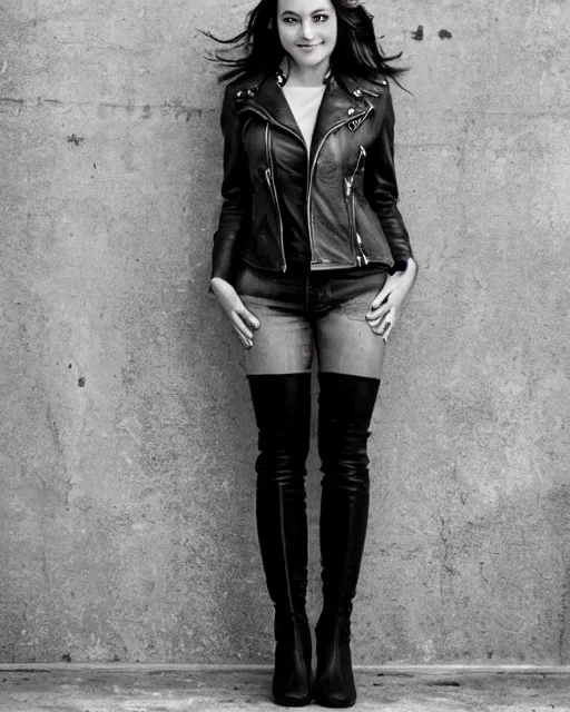 Image similar to young woman in her 20s, she wears a leather jacket and knee high boots, full body portrait, taken by a nikon, detailed, wonderful dark hair