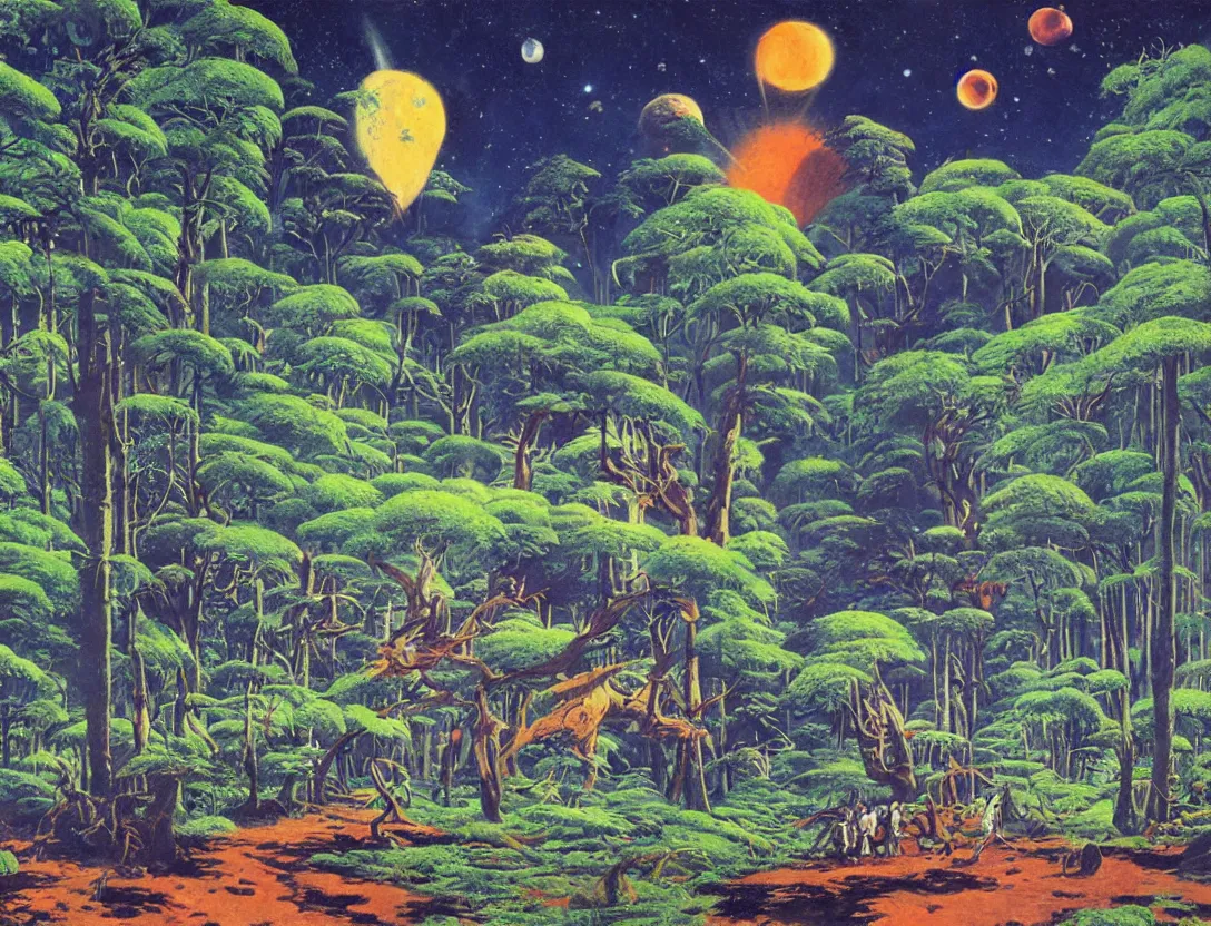 Prompt: a lush alien forest on a moon orbiting a gas giant!! by robert mccall