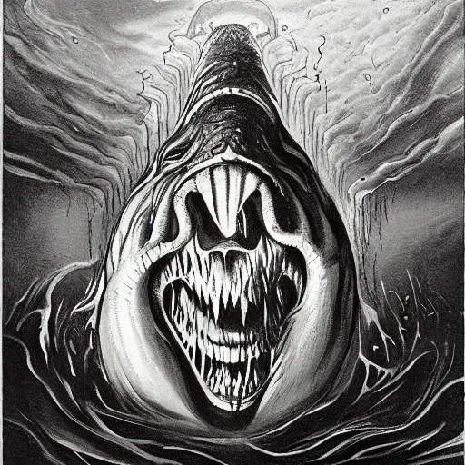 Prompt: a gigantic cyclope emerging from under the ocean drawn by giger