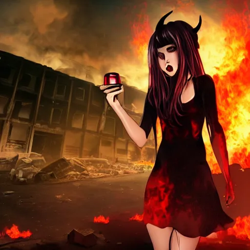 Prompt: sad demon girl with demon horns in a pretty black dress and blood on it with a bottle in her hand in front of a destroyed city in flames, high detail photo