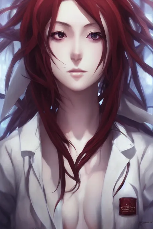 Image similar to highly detailed portrait of makise kurisu from steins gate, sensual, labcoat, fantasy art, by pixmilk, by charlie bowater, unreal engine, photorealistic, detailed and intricate environment, trending on artstation