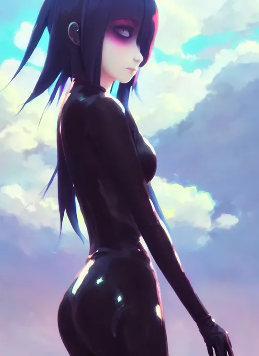 Image similar to portrait of cute goth girl in latex clothes, cloudy sky background lush landscape illustration concept art anime key visual trending pixiv fanbox by wlop and greg rutkowski and makoto shinkai and studio ghibli