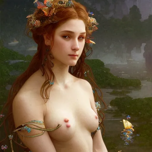 Image similar to portrait of mermaid goddess, intricate, elegant, highly detailed, digital painting, artstation, concept art, smooth, sharp focus, illustration, art by artgerm and greg rutkowski and alphonse mucha and william - adolphe bouguereau